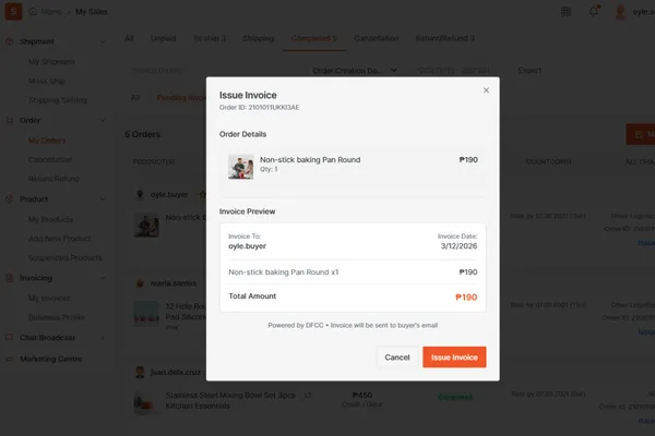 Shopee Seller Center with issue invoice dialog