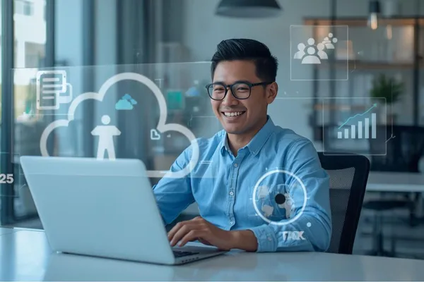 Smiling filipino man with abstract symbols representing invoicing tech and tax